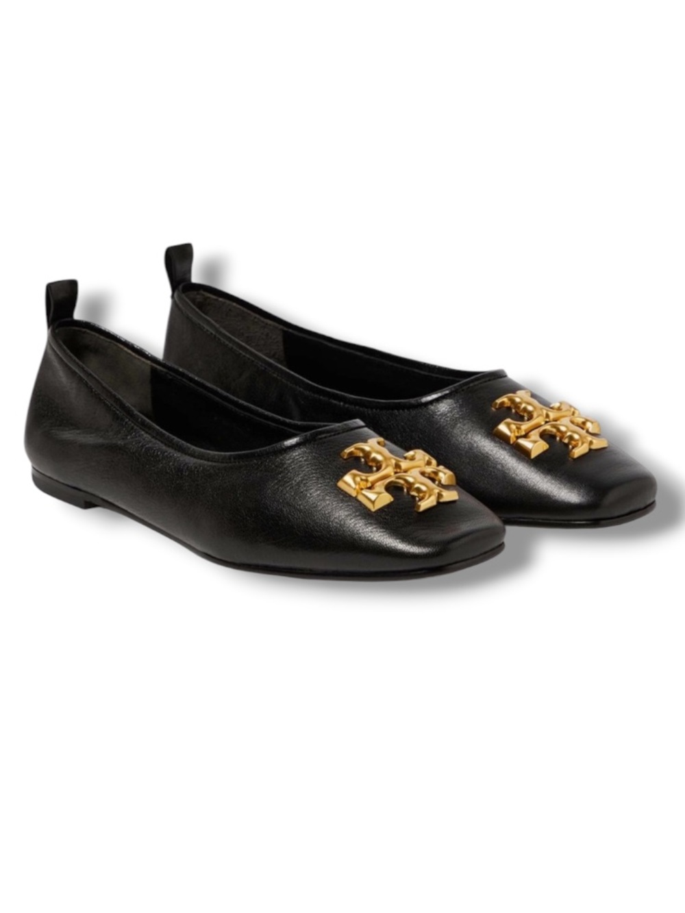 Authentic Tory Burch Women’s Eleanor Leather Black Ballet Flats Gold Logo Shoes